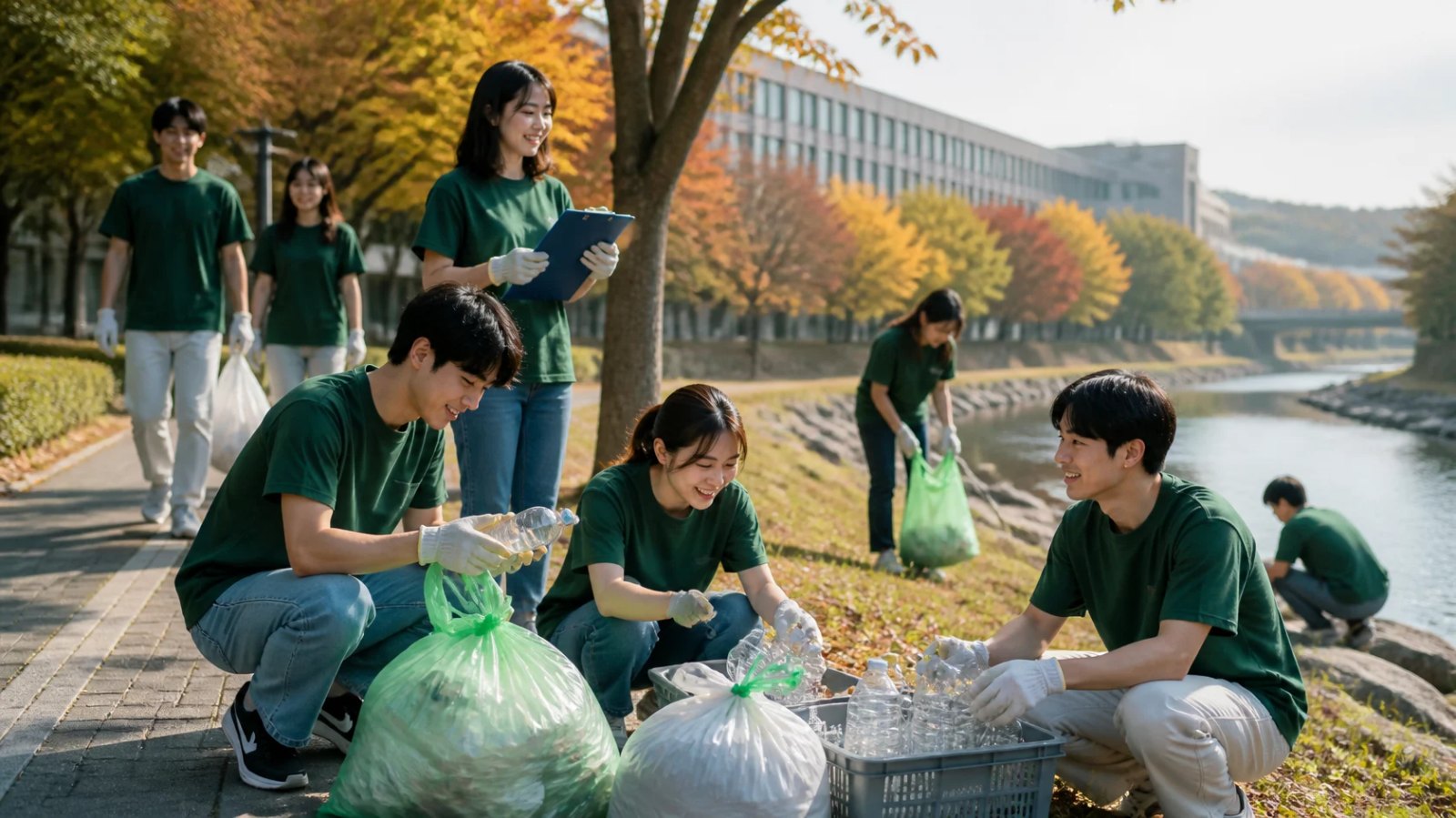 대학교 환경동아리 플로깅 활동 (AI 생성 이미지)