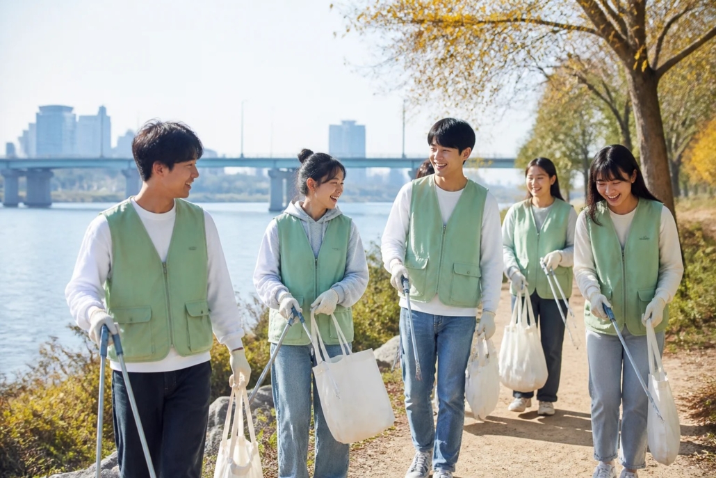 청년들이 강변에서 함께 플로깅하는 모습